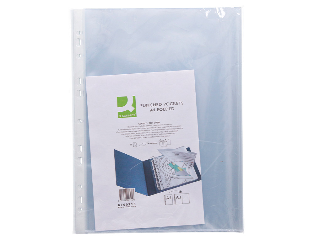 POCHETTE Q-CONNECT POLYPROPYLÈNE 8/100E PERFORÉE OUVERTURE ANGLE ANTISTATIQUE A4 210X297MM SACHET 25 UNITÉS